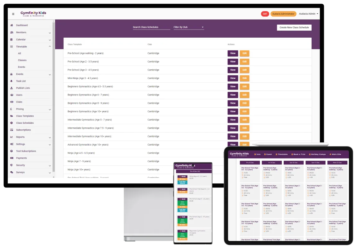 Gymfinity software development screens Gymfinity bespoke software development screens
