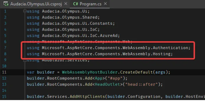 Code sample showing Program.cs being updated to use the required WebAssemblyconfigurations