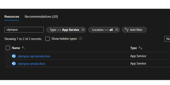 App services for the production environment
