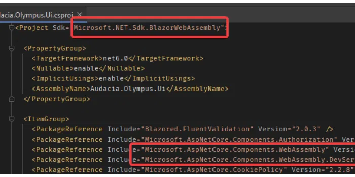 Code sample showing the .csproj being updated to to reference the WebAssembly SDKs