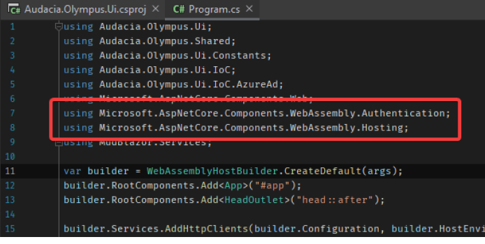 Code sample showing Program.cs being updated to use the required WebAssemblyconfigurations