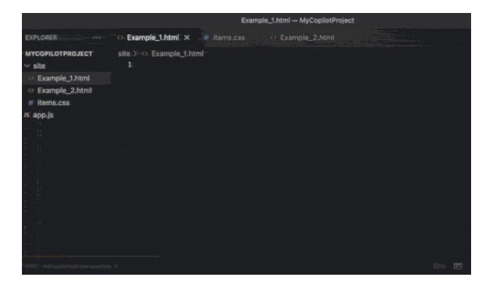 GitHub Copilot A gif showing how to use GitHub Copilot to generate a HTML template in Visual Studio Code