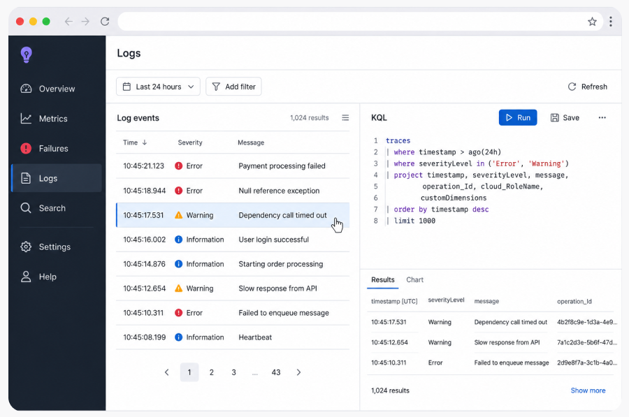 Illustration of Azure Application Insights log querying interface