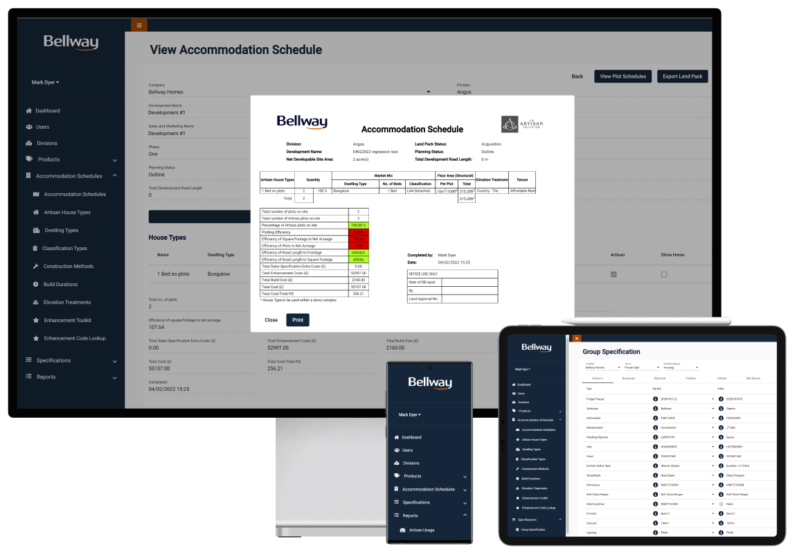 Bellway software development project screens