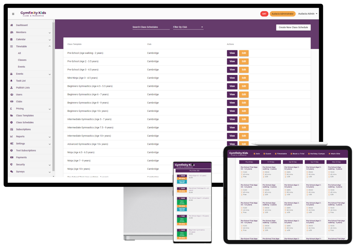 Gymfinity bespoke software development screens